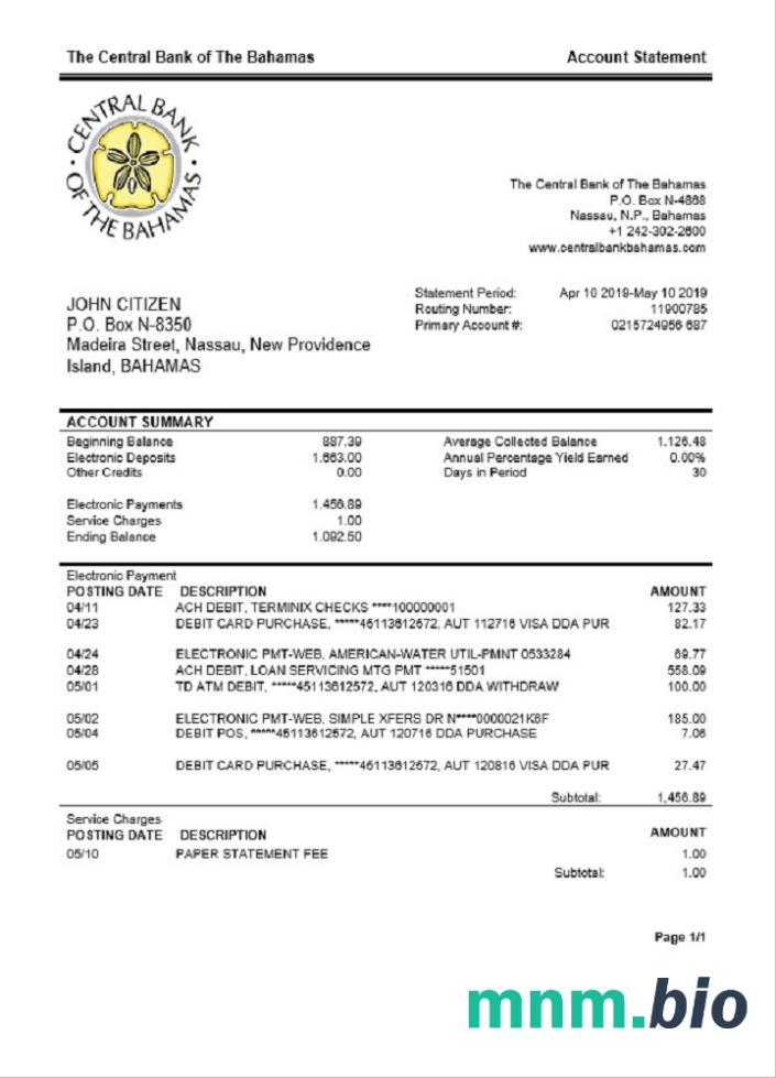 Szablon wyciągu bankowego Bahamas Scotiabank w programie Word i PDF